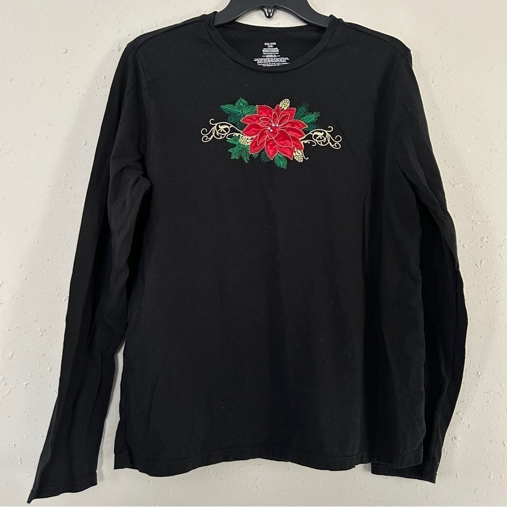 🦋 Black Red Floral Poinsettia Holiday Winter Christmas Long Sleeve Top XXL